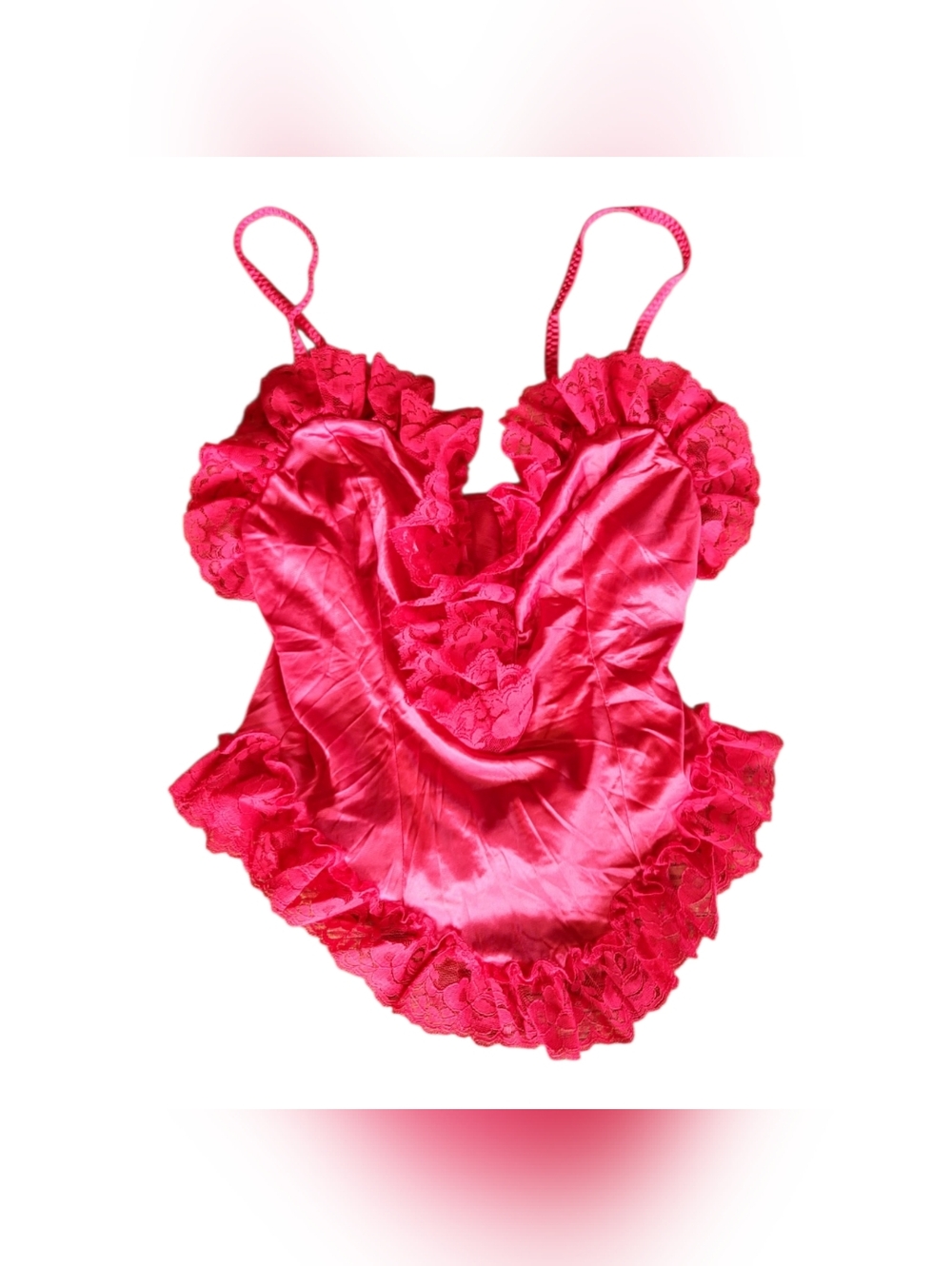 Vintage 80s Lace ruffle Cami Top XS Red Coquette Fairy Lingerie Soft Girl Doll